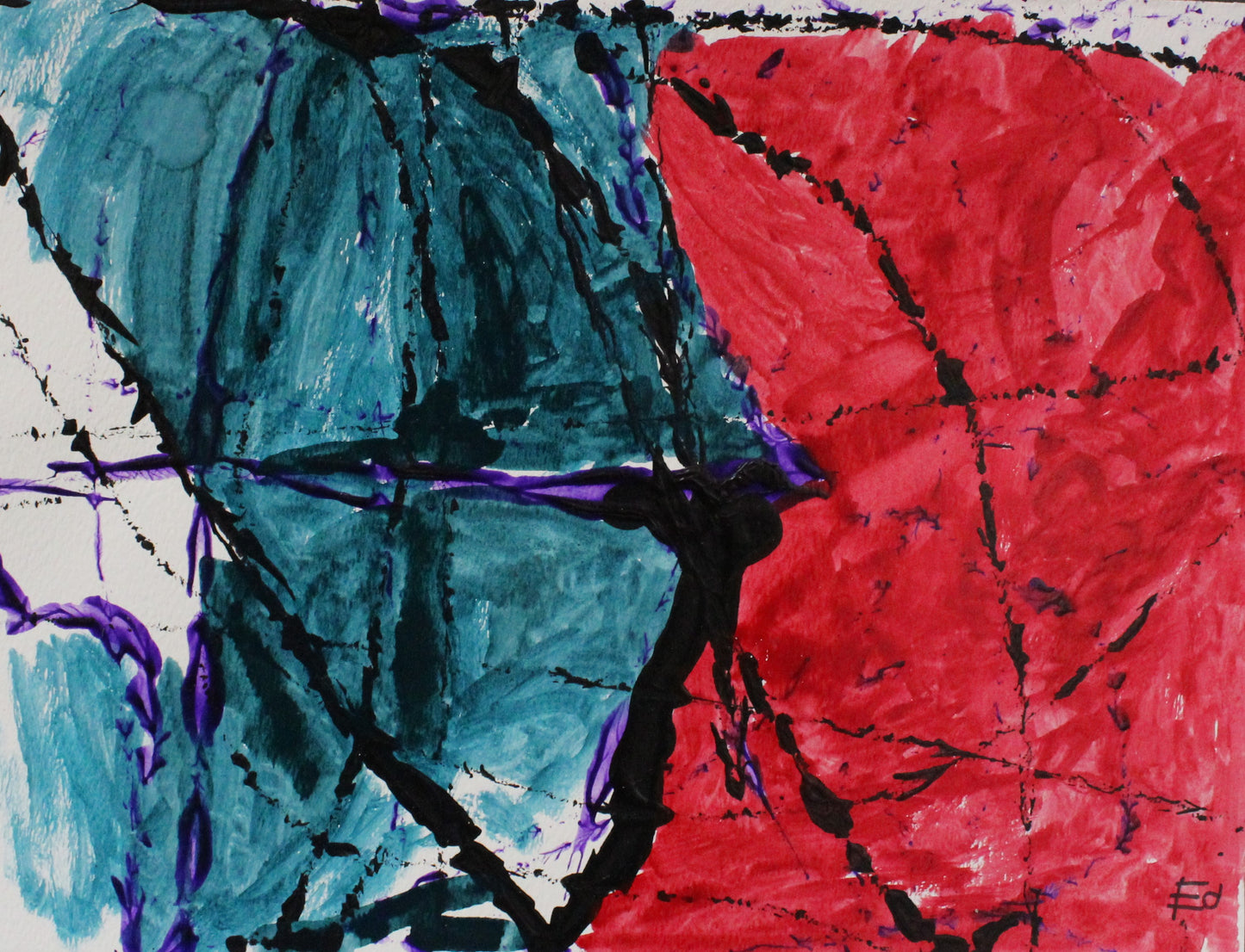 Eddie A. Abstract Teal and Red Painting